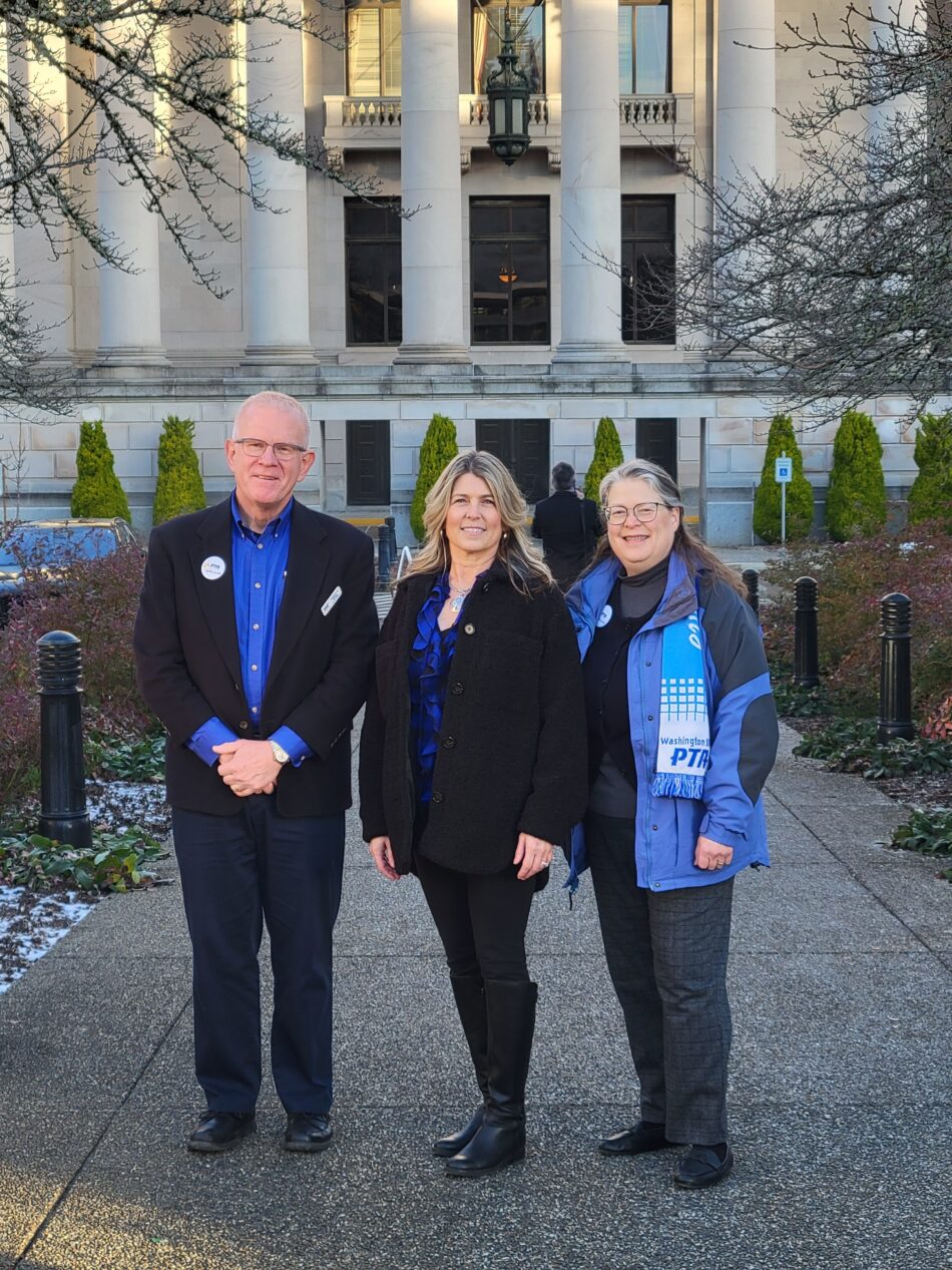 WSPTA President Angela Steck, former president Nancy Chamberlain, and Executive Director Andrew Estep were among more than 150 advocates who spoke with legislators on the annual Focus on Advocacy Day in Olympia on January 15, 2024. 