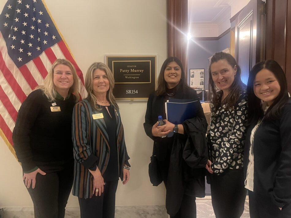 WSPTA advocates Heather Gillette, Angela Steck, Nigar Suleman, and Danica Noble meet Senator Murray's aide Abby Laver.